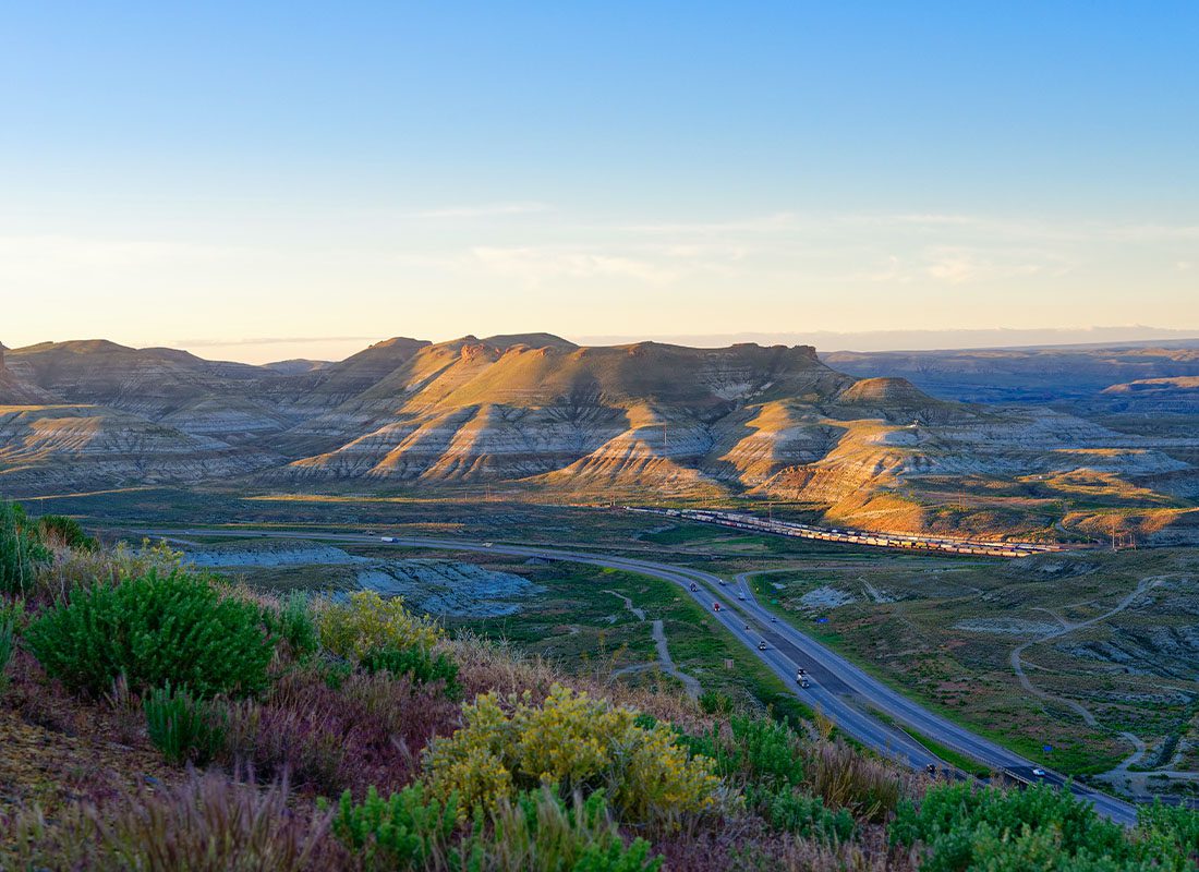 Rock Springs, WY - Landscape View of Interstate 80 From Above Overlooking the Green River Tunnel at Dusk